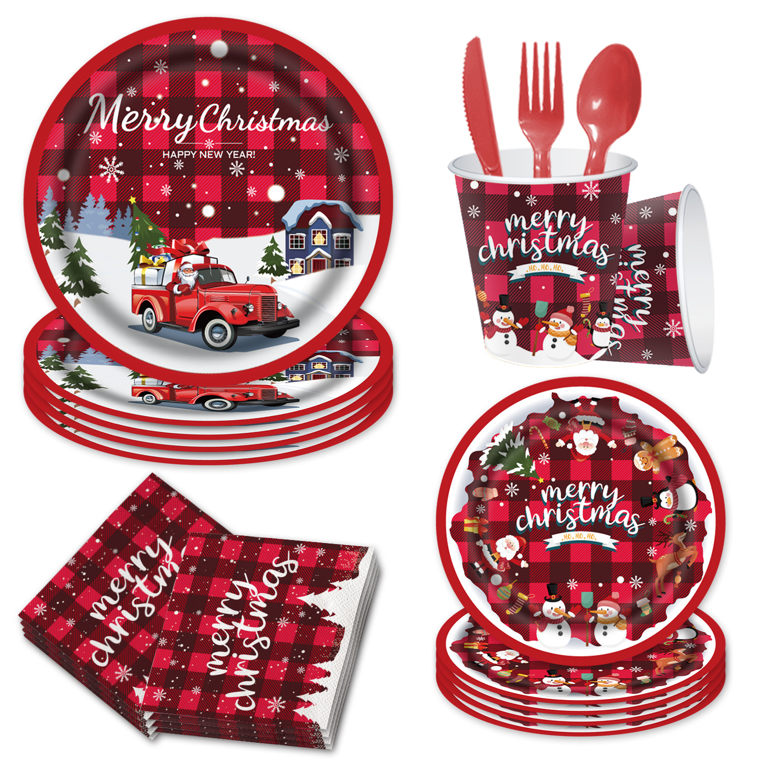 Año nuevo Navidad tema de alce vajilla de fiesta vajilla desechable bandeja de papel taza de papel toalla de papel bandera de tracción mantel de Navidad