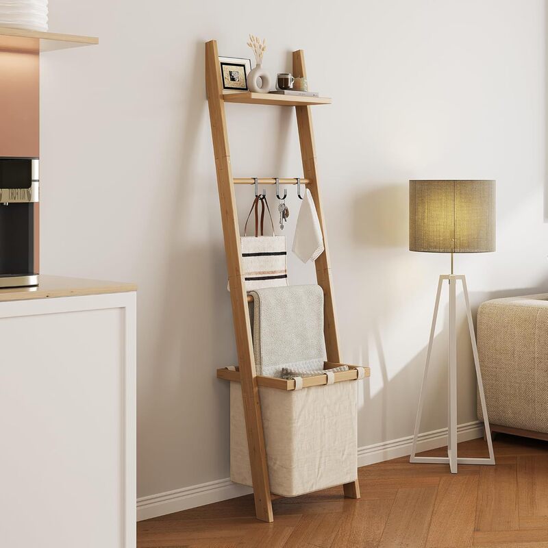 Bamboo Blanket Ladder with Rack and Hooks, Inclined Blanket Rack for Living Room, Bedroom, Bathroom Decoration, Quilt Rack Bamboo Blanket Ladder with Rack and Hooks, Inclined Blanket Rack for Living Room, Bedroom, Bathroom Decoration, Quilt Rack