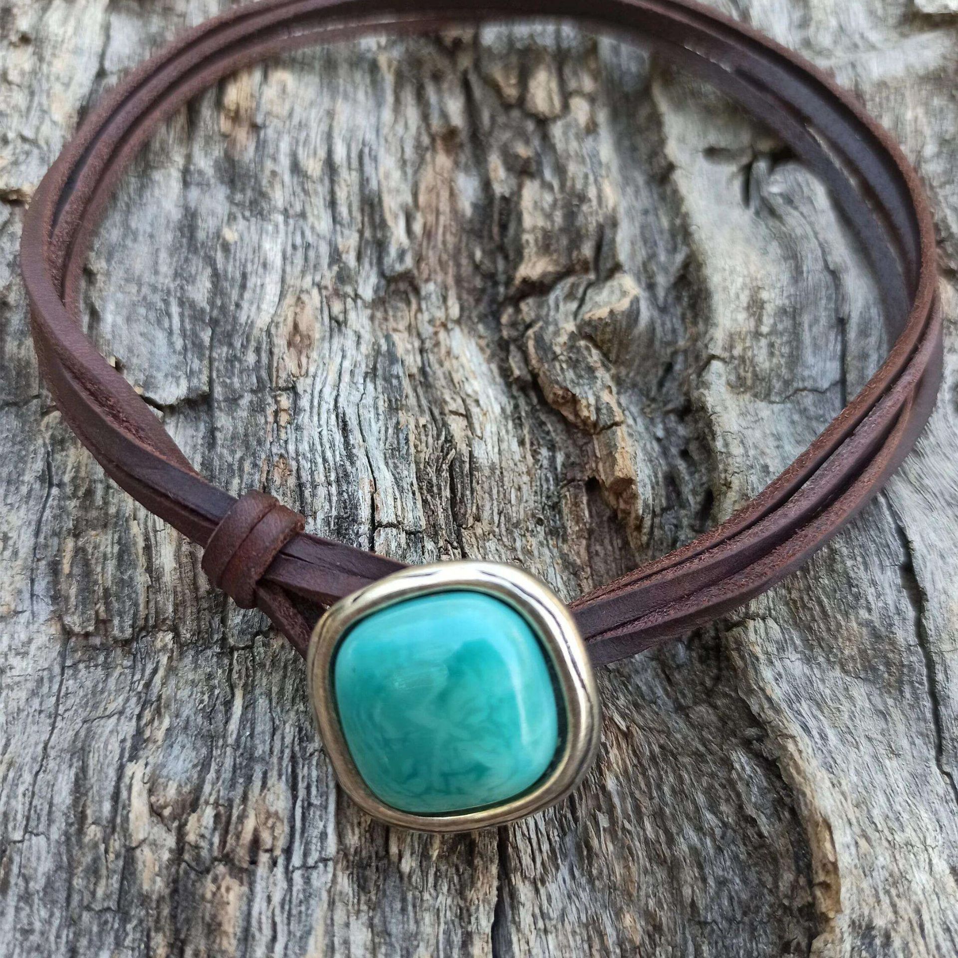 Choker Classification 1 Piece Quantity Retro Square Turquoise Alloy Leather Choker Wholesale