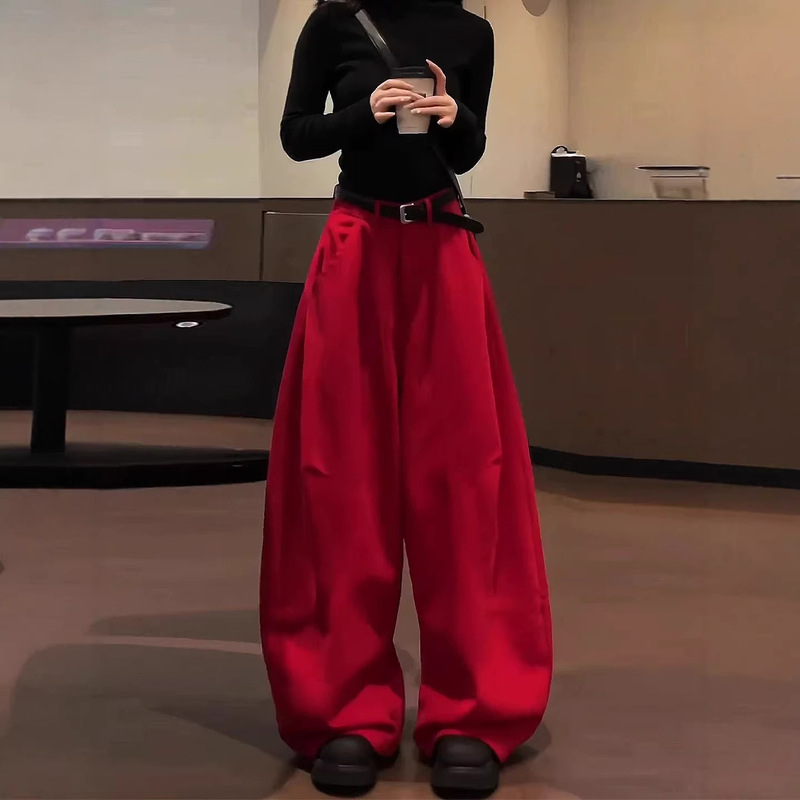 American-Style Red Wide-Leg Workwear Jeans for Women, 2026 Spring and Autumn New High-Waisted Loose Slimming Long Pants Trendy