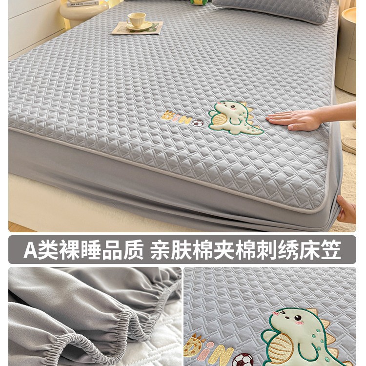 Sombrilla de cama bordada acolchada acolchada de algodón de una sola pieza cubierta protectora de colchón de algodón puro grueso 2025 nuevo juego de tres piezas de funda de cama