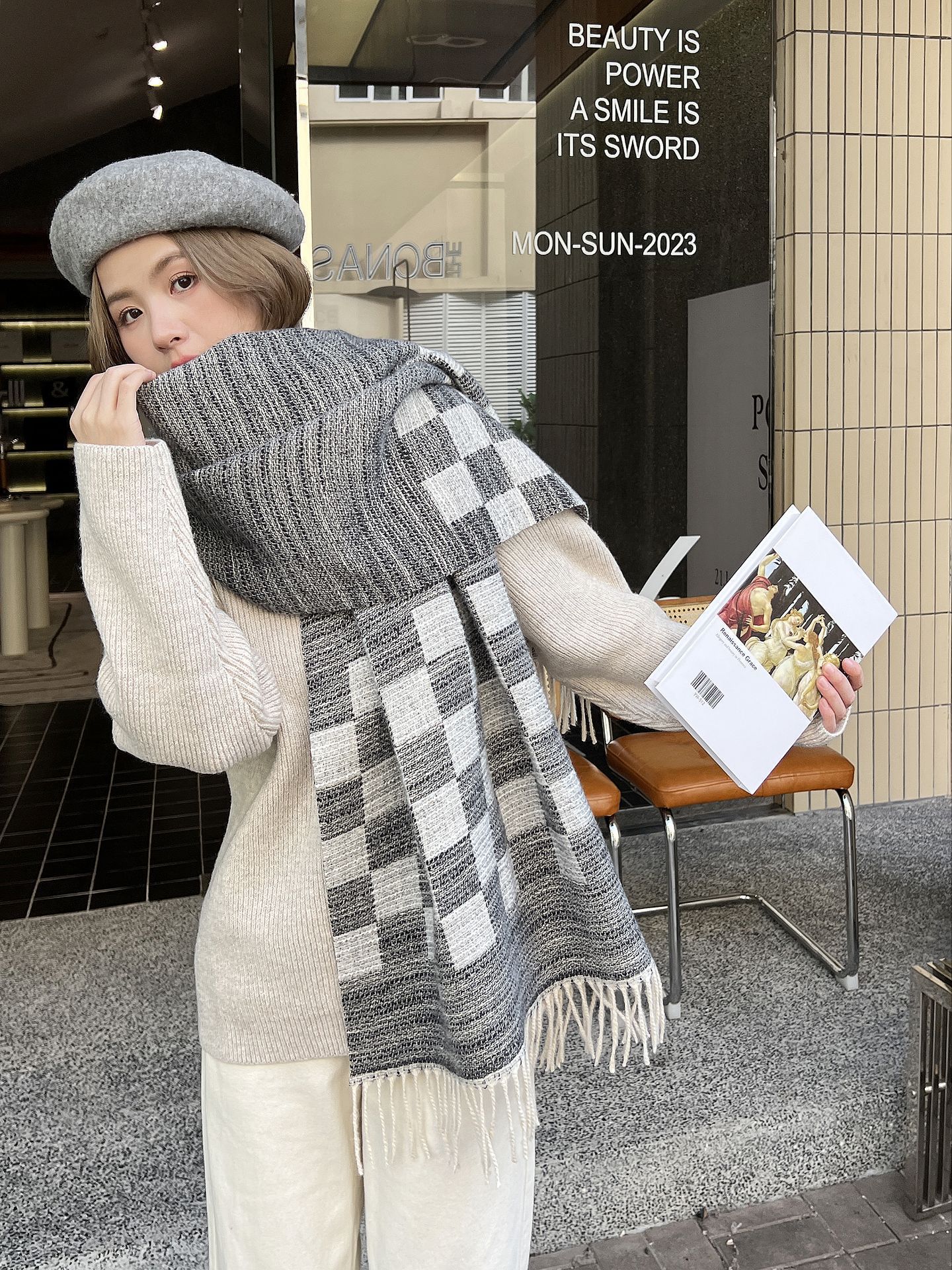 Korean Fashion Classic Autumn and Winter Imitation Cashmere Scarf Women's Versatile Double sided Thickened Warm Mesh Red_voghion.com
