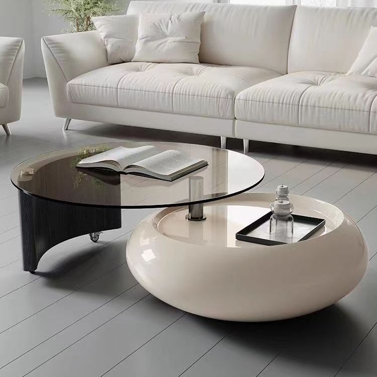 Rotating Cream Style Coffee Table Small Apartment Living Room Designer Light Luxury Round Tempered Glass Coffee Table Combination