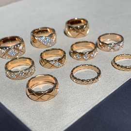 V金菱格纹coco戒指CNC精工高版本满钻镶嵌情侣戒指小香风叠戴指环