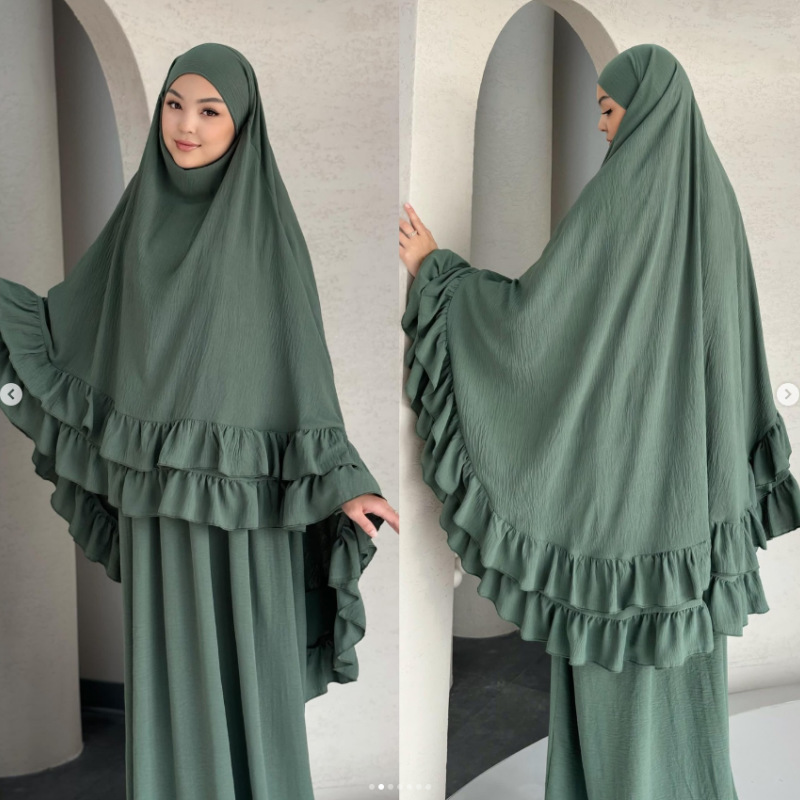 Middle Eastern Two-piece Outfit, Double-layered Ruffled Long Headscarf + Multi-colored Long-sleeved Robe DS111_ecoleips.com
