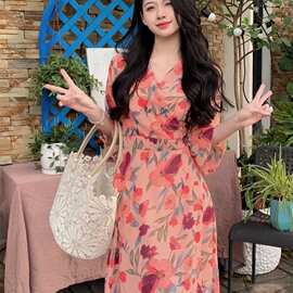 大码高个子茶歇法式碎花连衣裙去有风的地方气质淑女度假脚踝长裙