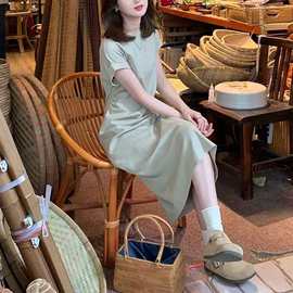 法式小个子减龄休闲裙子气质显瘦a字连衣裙女短袖文艺复古风