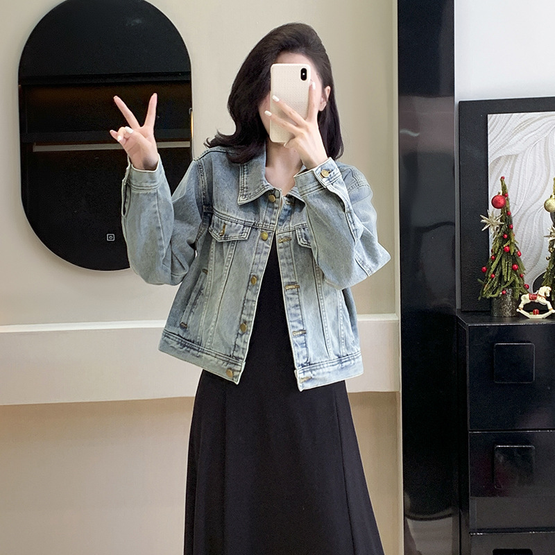 Denim coat women's 2025 spring new distressed micro retro washed light blue jacket top