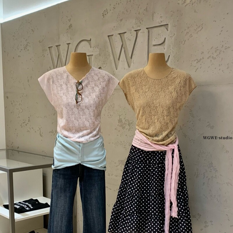 Wgwe Summer Korean-Style Fashionable Lace Rose Crochet Design Slim-Fit Pullover Round-Neck Short-Sleeve T-Shirt W9672