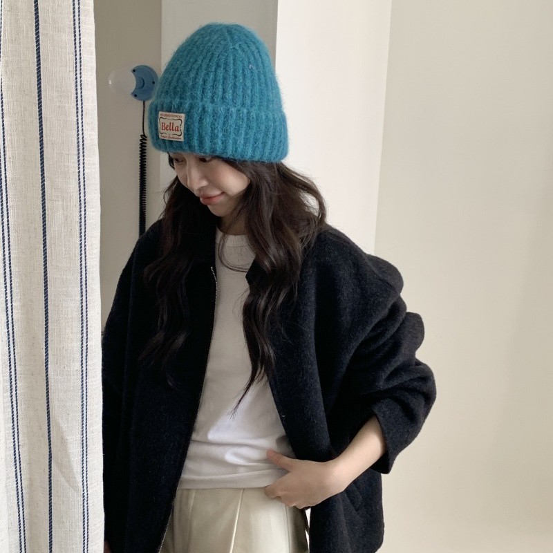 蓝色韩系氛围感！秋冬保暖针织毛线帽子女纯色防寒布标套头帽护耳|undefined
