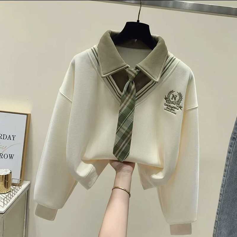 Fake Two-Piece Polo Collar Long-Sleeved Sweatshirt for Women, Spring & Fall New Age-Reducing Junior High School Student Preppy Style Versatile Top