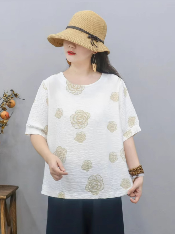 Cross-border nueva camiseta de mujer china impresa camiseta de mujer de manga corta camiseta base de verano overhead cuello redondo artístico ocio image 4
