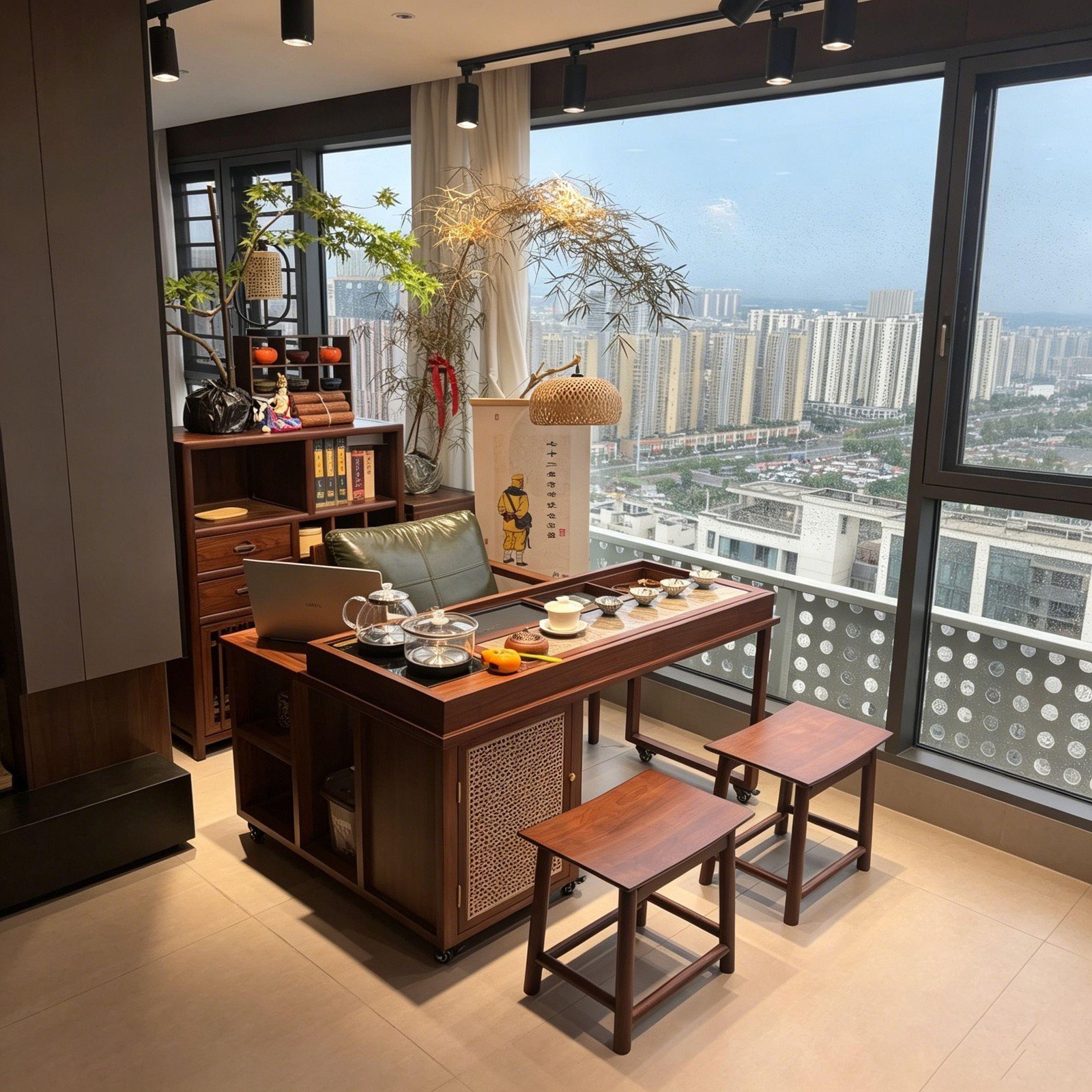 Ebony wood rotating and sliding movable tea table set, one table and three chairs, multifunctional tea table for balcony, small tea table