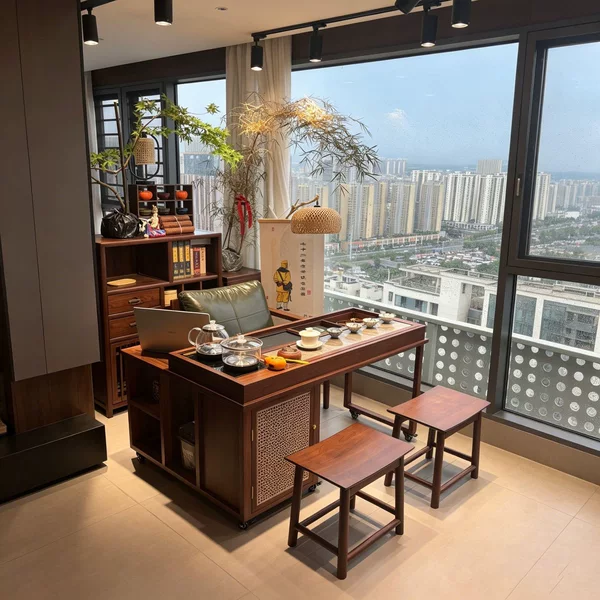 Ebony wood rotating and sliding movable tea table set, one table and three chairs, multifunctional tea table for balcony, small tea table