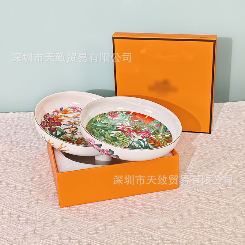 Cross-Border Direct Sales Hotel and Home-Use Bone China Plates, Tropical Rainforest Style Plates, High-Value Ceramic Plates in Gift Box Packaging