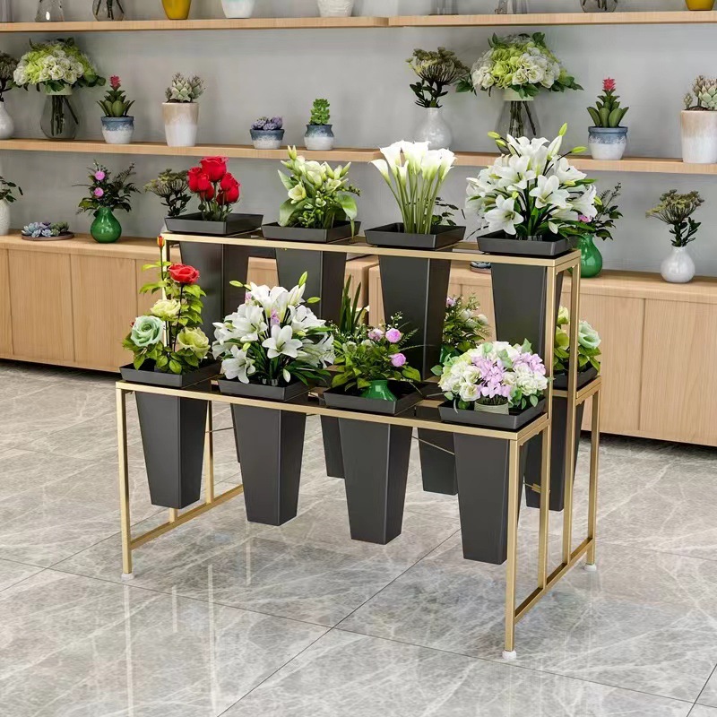 金色落地花架鲜花架铁艺多层货架梯形架子花桶架厂家可定制