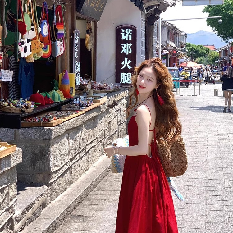 French-Style Red Sexy Backless Fashion Dress, Summer Elegant Beach Style, Beautiful Back Vacation Slip Dress for Photos