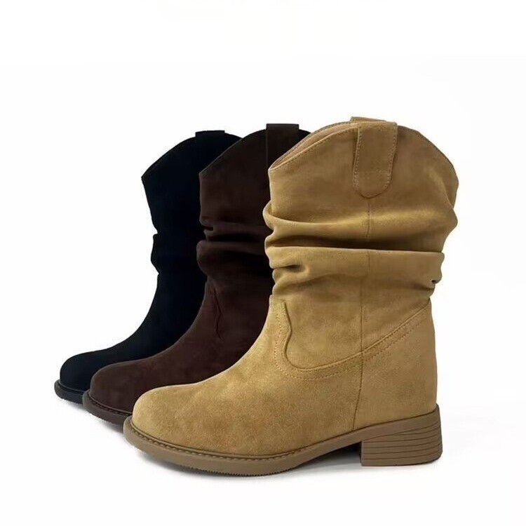 2025 New 8cm Height-Increasing Melard Martin Boots for Women, Autumn Style, Mid-Calf, Slimming, Ruched, Vintage Women's Boots 2025 New 8cm Height-Increasing Melard Martin Boots for Women, Autumn Style, Mid-Calf, Slimming, Ruched, Vintage Women's Boots