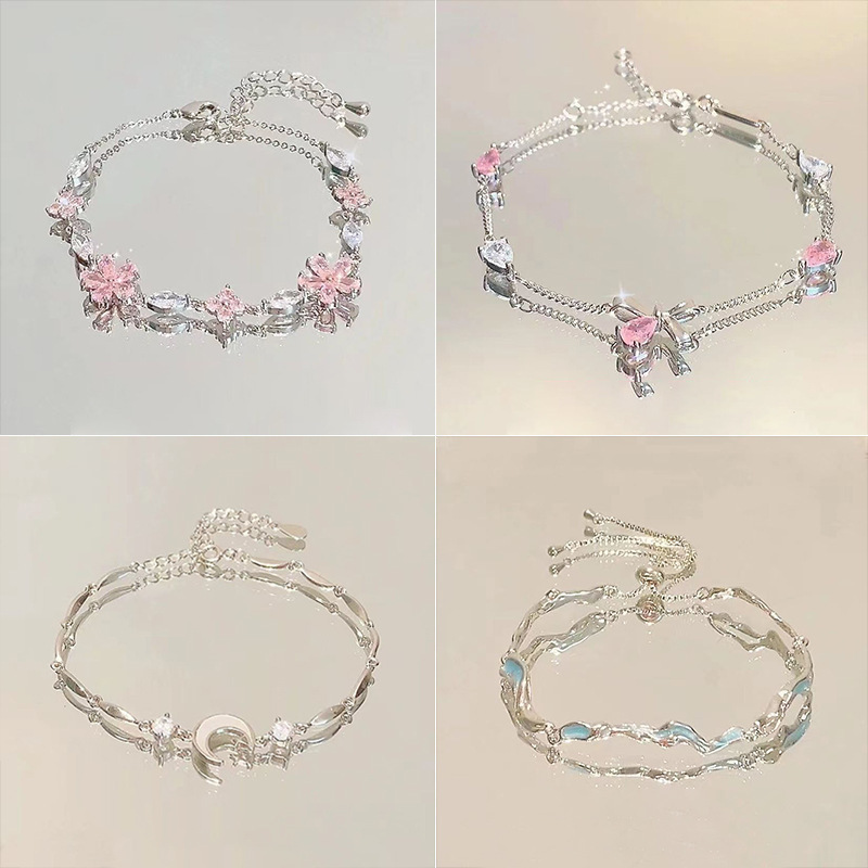 Sakura Zircon Bow Bell Bracelet Girls Light Luxury Temperament High-End Cool Feeling Best Friend Hand Jewelry Wholesale
