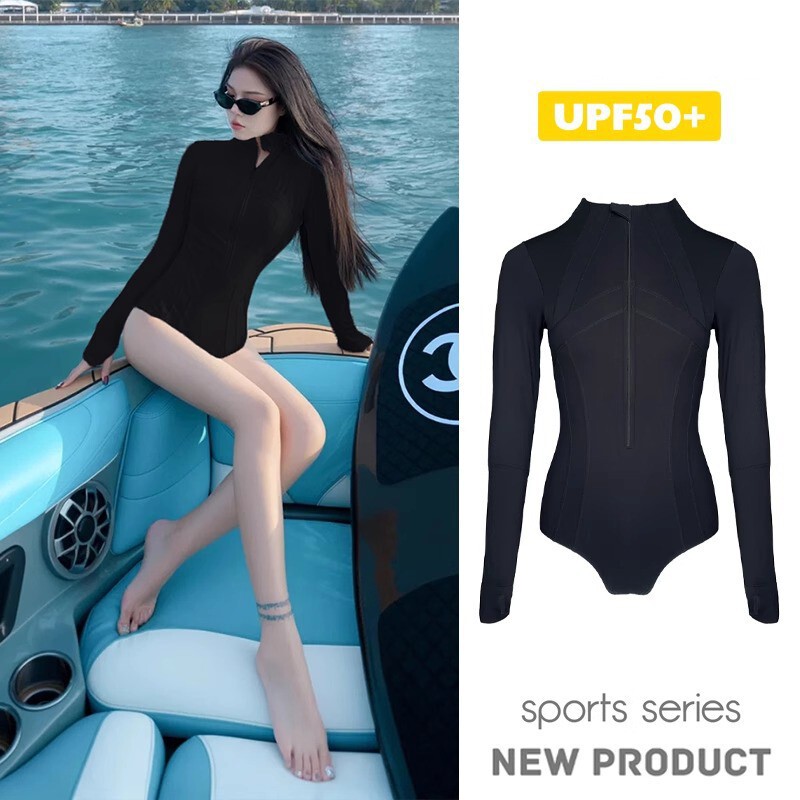 尾波冲浪高领泳衣女长袖长裤专业防晒UPF50+连体速干潜水服水母衣|undefined