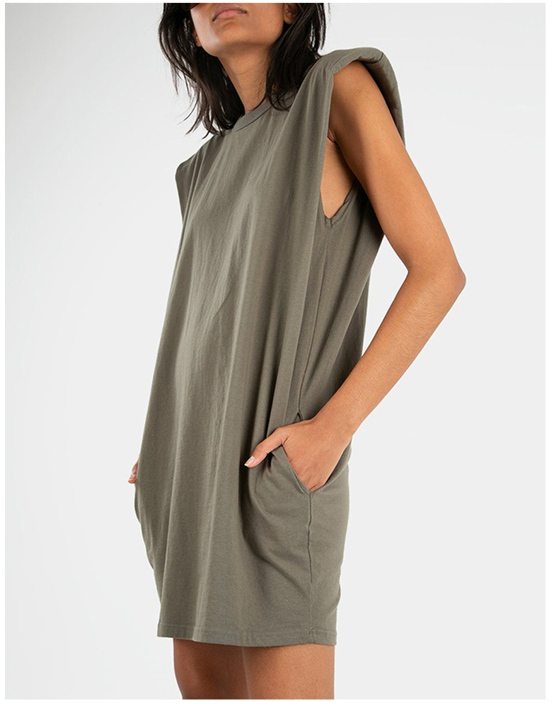 Solid Color round Neck Sleeveless Women Spring Casual Loose Padded Shoulder Dress Women