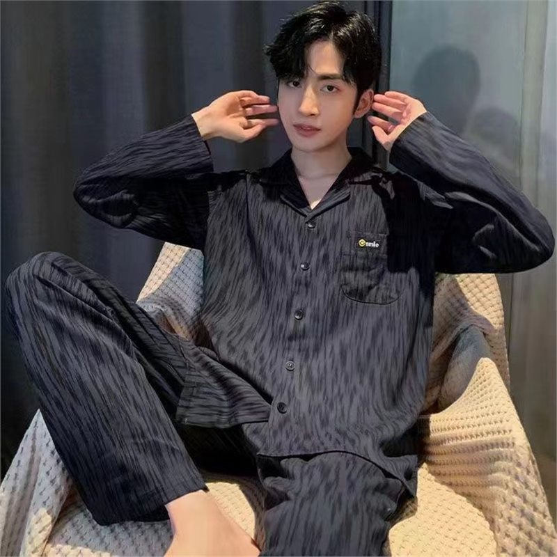 Pijama de algodón masculino primavera y otoño conjunto de pijama de manga larga otoño y invierno hombre joven delgada ropa casera relajada