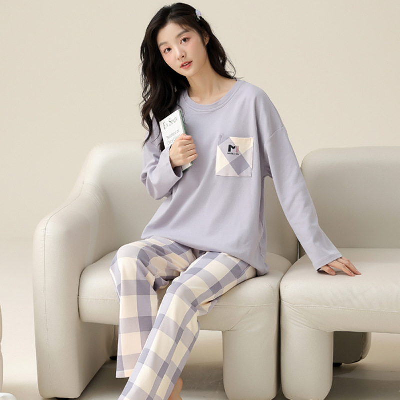 [100% algodón] pijamas de las mujeres de primavera y otoño de algodón puro con almohadilla en el pecho de manga larga ropa para el hogar traje de dos piezas se puede usar fuera dulce