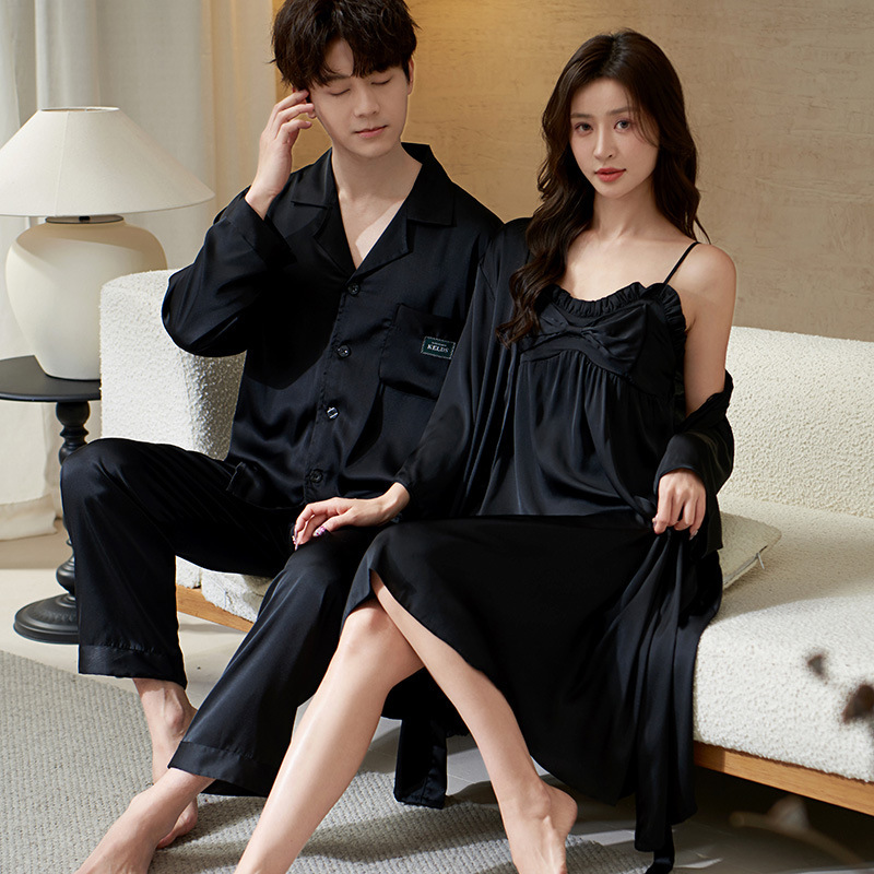 Couple's Pajamas for Spring and Autumn, Ice Silk Men's Long-Sleeve Spring and Autumn Style, Sexy Camisole Nightgown with Chest Pads, Summer Set