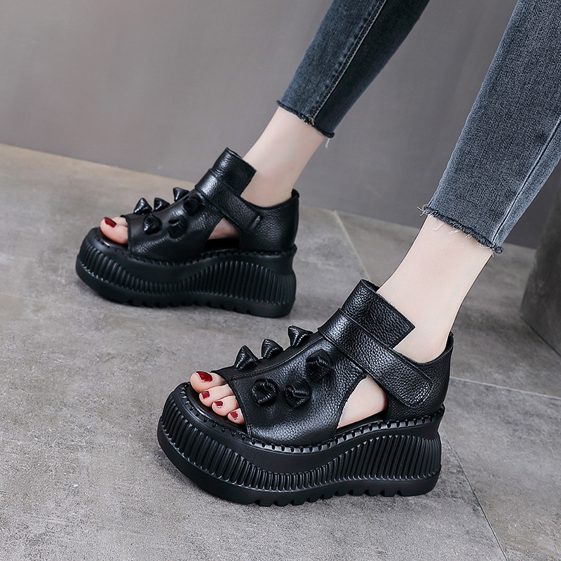 Sandal cao gót nữ hở mũi đế dày da bò thật phong cách La Mã — nâu
