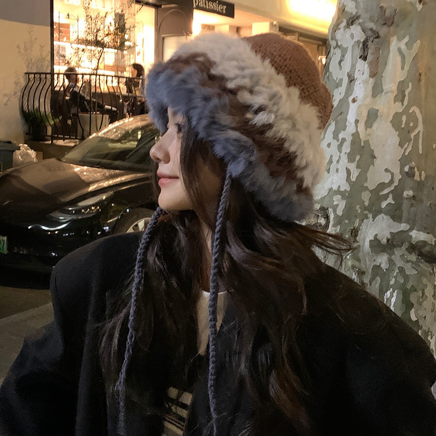 Congee Cocoa Rabbit Hair Knitted Women's Autumn and Winter Splice Warm Wool Cold proof Pullover Plush Ear Protection_voghion.com