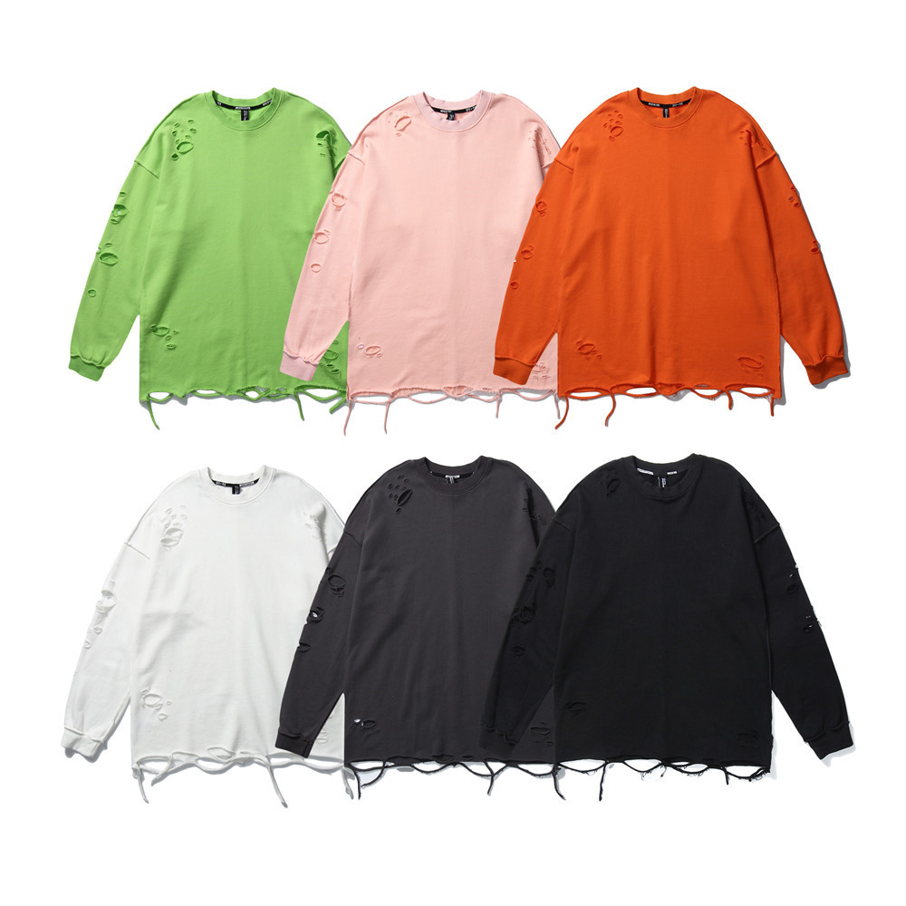 Vibe Style Solid Color Simple Distressed Sweatshirt Long Sleeve Men's Ins American Trendy Brand Loose Round Neck_voghion.com