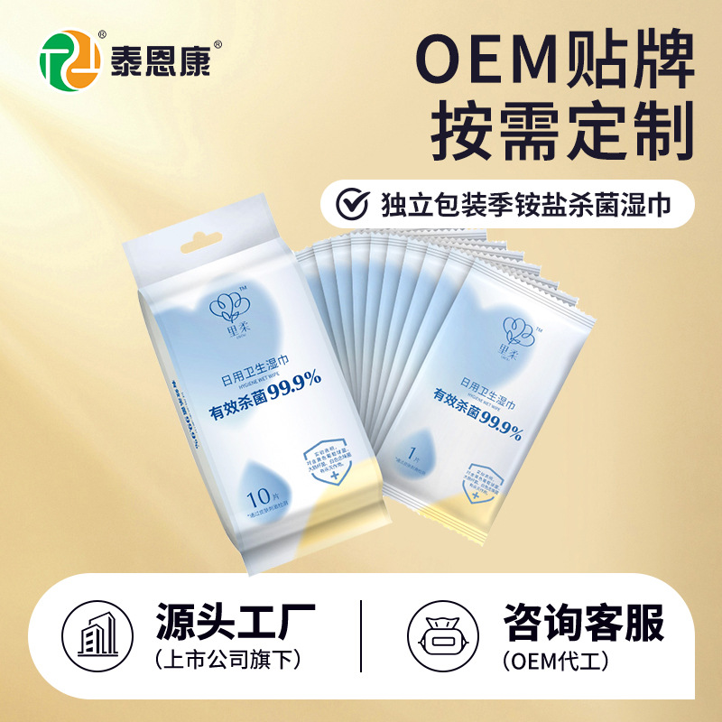 【加工定制】泰恩康湿巾杀菌独立包装10片装无酒精卫生湿纸巾定制