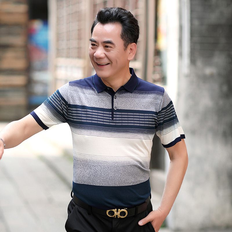 Camiseta de manga corta de seda de hielo de verano de papá camiseta de solapa de hombre de mediana edad suelta camisa de fondo de hombre de mediana edad y anciano