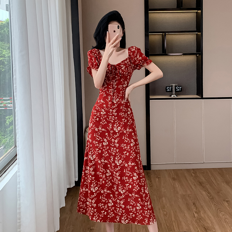 Summer retro shiffon red fitted dress