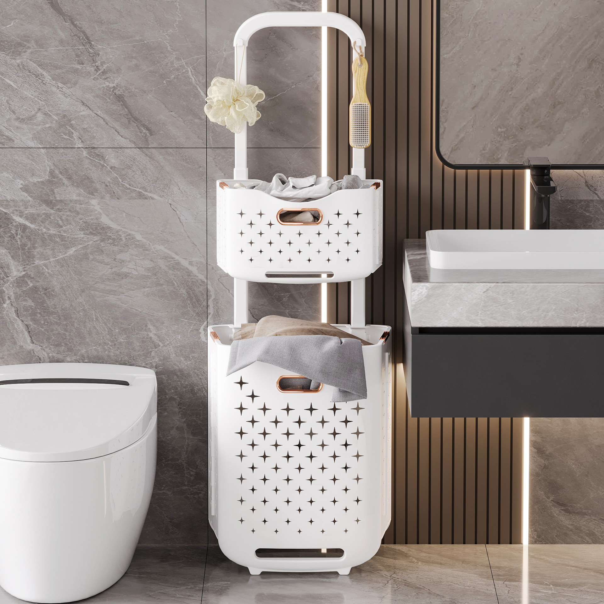 Cesta de ropa sucia multicapa Cesta de almacenamiento de ropa Cesta de ropa sucia de baño de baño Cesta de ropa sucia de tres capas móvil Cesta de ropa sucia montada en la pared