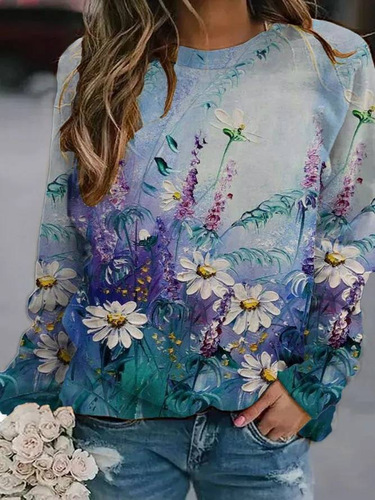 Autumn new 3D flower-and-bird printed urban casual round-collar pullover shoulder sweater