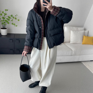 2025 High-End Stand-Up Collar Short down Jacket for Women White Duck down Winter Retro Plaid Stitching Thickeneded Bread Jacket