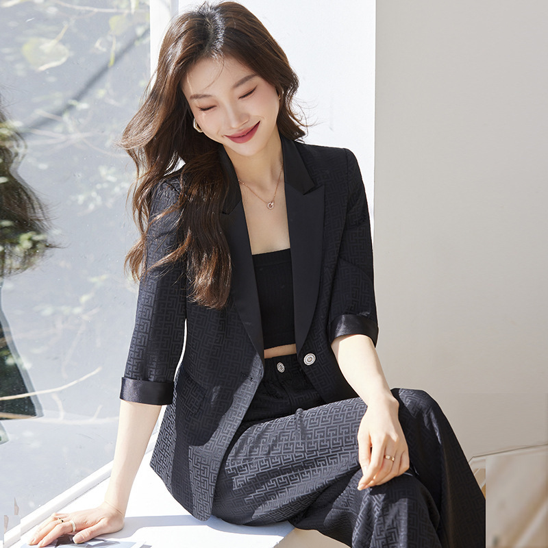 Seven-point Sleeve Jacquard Small Suit Women's Professional suit Elegant Fashion Casual Commuter Pants with Staggered Waist and Wide Leg Work Clothes