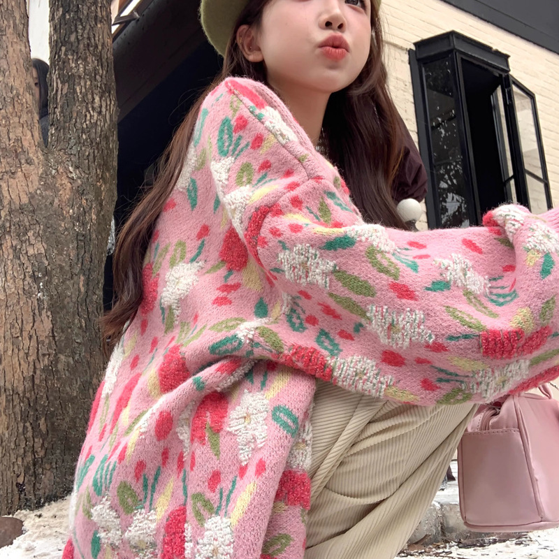 Dopamine Autumn Wear Contrast Heavy Crochet Sweater Lazy Style Soft Waxy Knitted Cardigan Jacket Loose Top