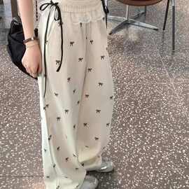 中大童美式蕾丝边蝴蝶结阔腿裤女2026春夏款宽松直筒休闲屁帘裤子