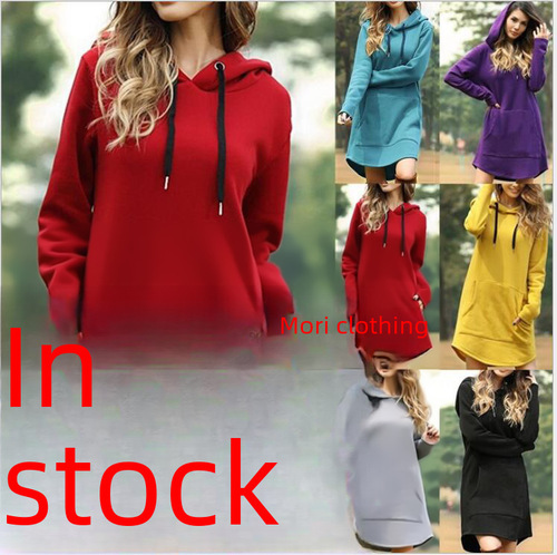  Amazon AliExpress Autumn/Winter New Plus Size Women's Loose Solid Color Pockets Long Sleeve Hooded Dress
