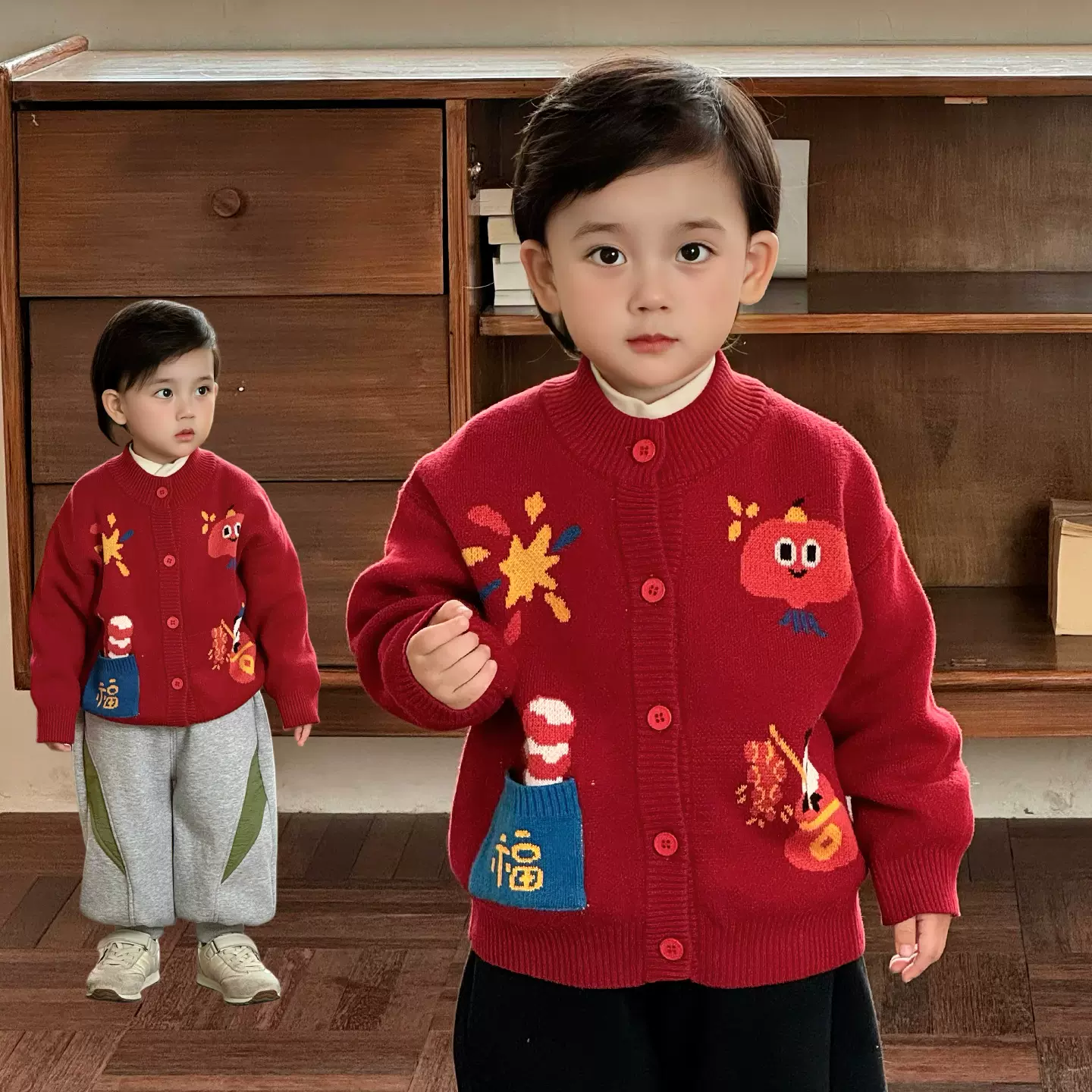 男童毛衣开衫冬款男孩外套红色儿童拜年服唐装宝宝圣诞针织衫衣服