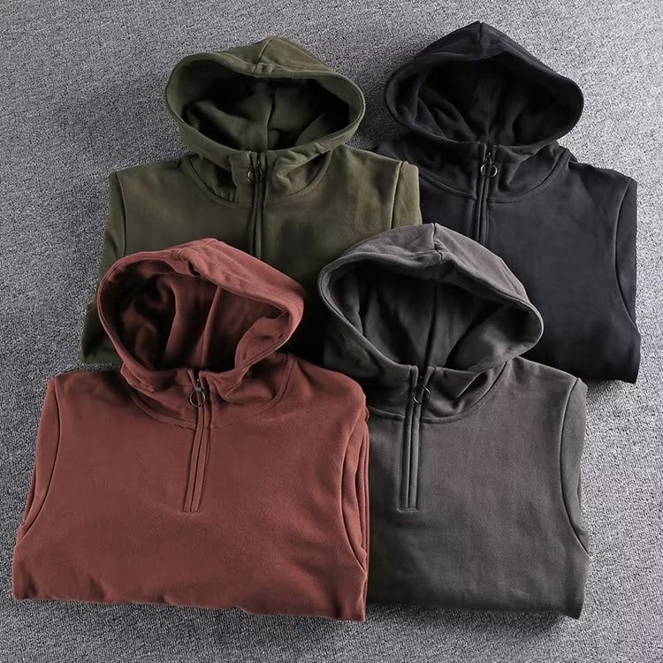 New Half Zip Hooded Sweater Men's American Style Retro Heavy Thickened Couple's Pocket Collar Hoodie Coat Cotton