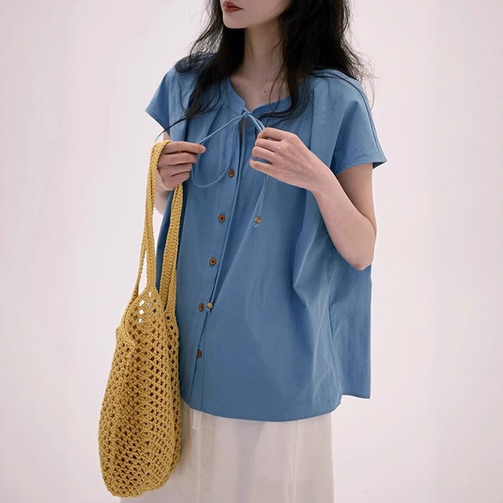 Rare Rare Japanese-Style Retro Artistic Sweet Youthful Versatile Casual Short-Sleeve Shirt with Tie-Neck and Small Flutter Sleeves