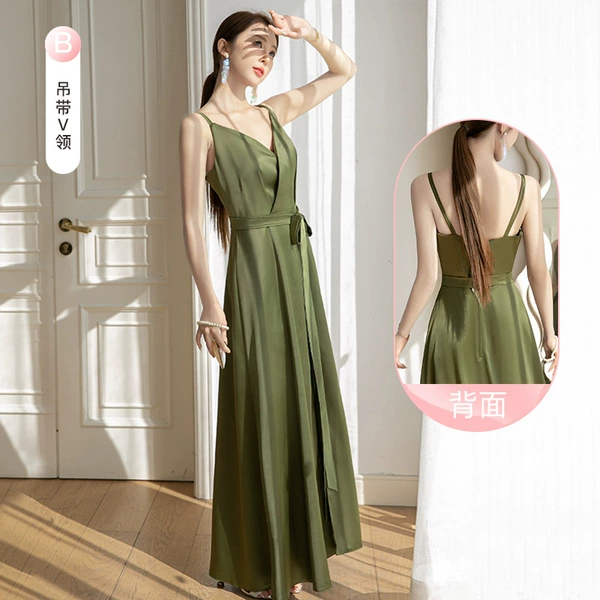 Green, long, V-neckline