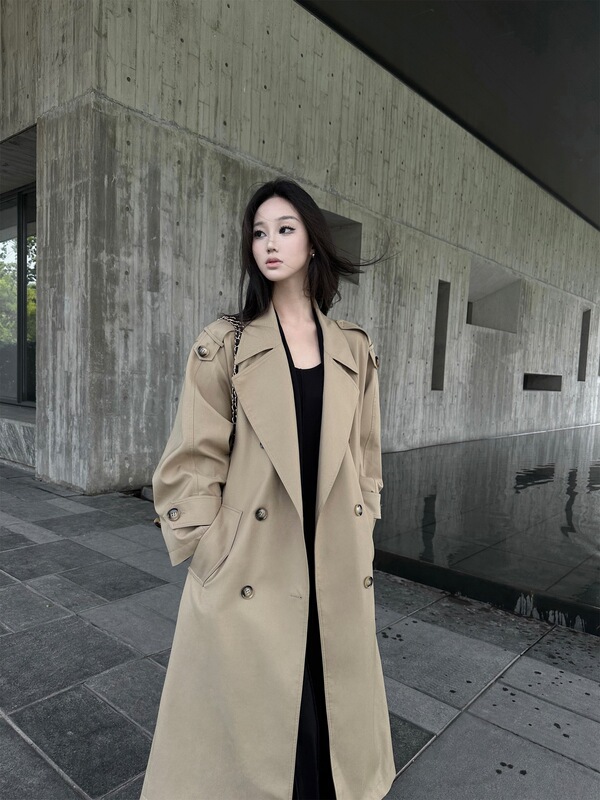 5werkwen 智贤风衣 双排扣大衣女秋冬中长款气质翻领系带春秋外套|undefined