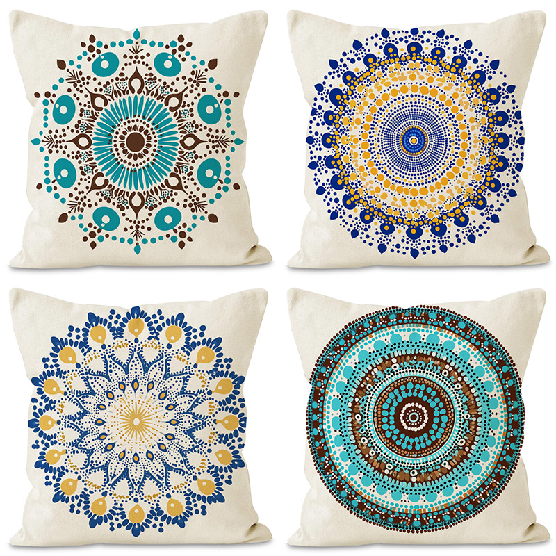 Nueva funda de almohada de estilo étnico, estampado de patrón de estilo mandala, funda de almohada para el hogar, funda de cojín de lino transfronterizo