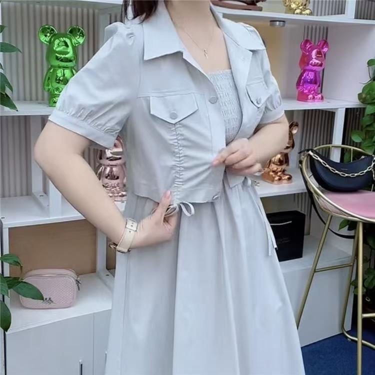 Bộ váy hai mảnh mùa hè gồm áo treo và váy ngắn tay phong cách casual — Hai mảnh màu xanh nước chi tiết 15