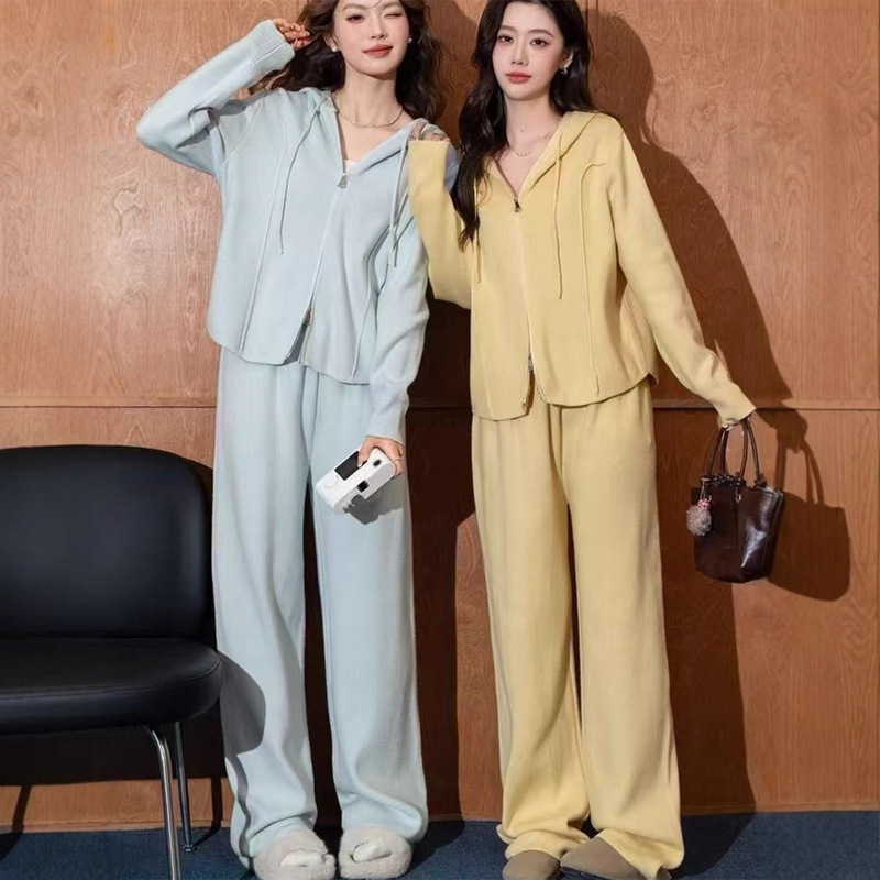 秋冬新款软糯时尚运动针织套装宽松连帽开衫阔腿两件套舒适女装潮|undefined