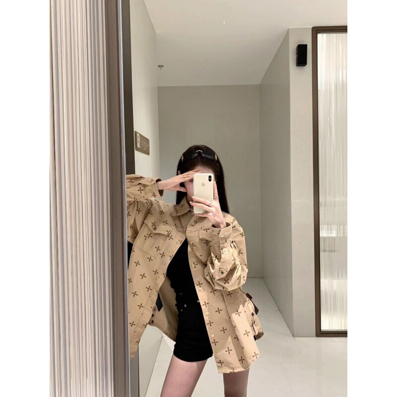 Ps Summer New Work Shirt Loose Cross Print Comfortable Long-Sleeve Shirt Women's New Melade Top Trendy